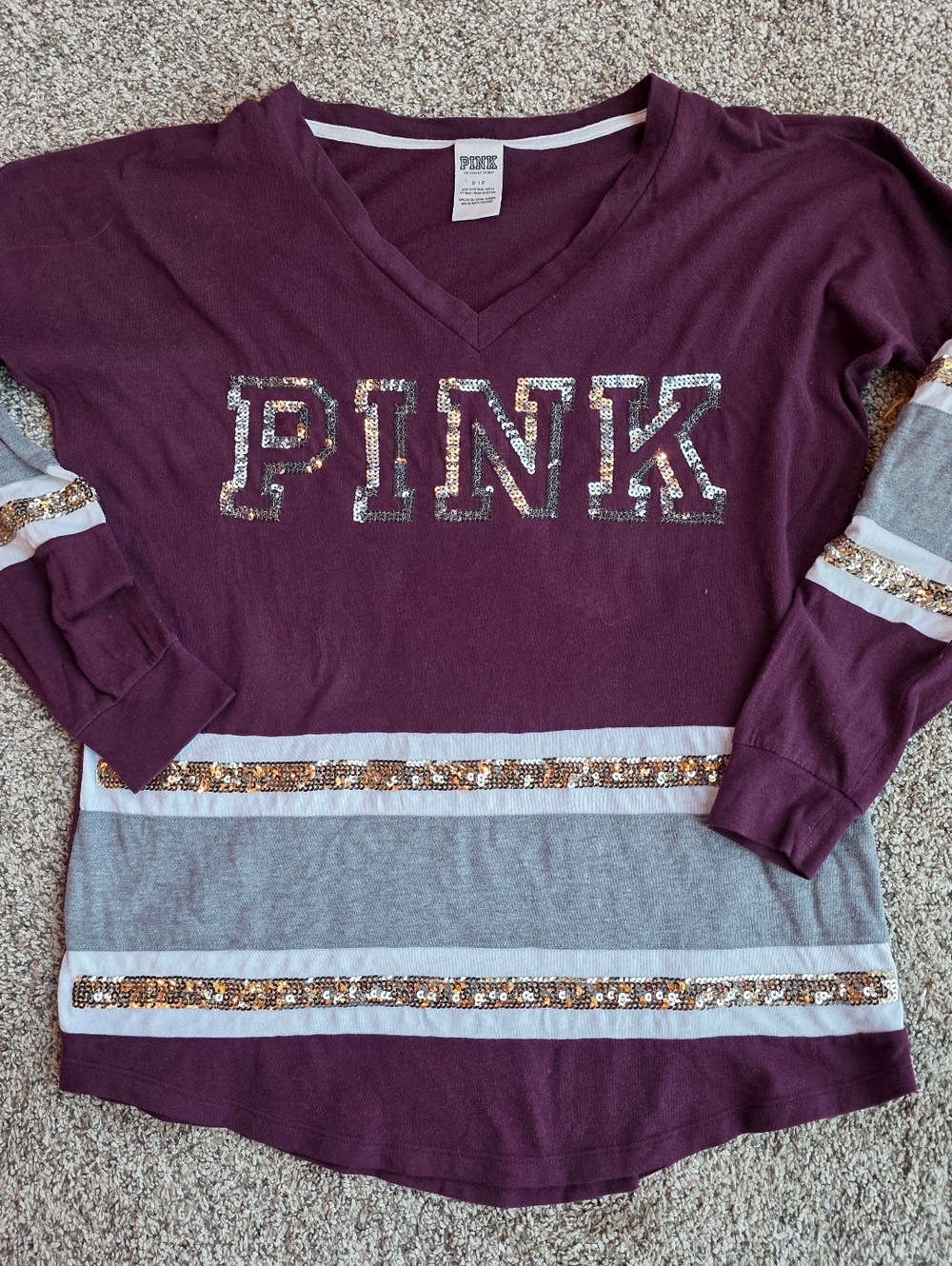 PINK Sequin Logo V-Neck Pullover in Deep Plum and Gray